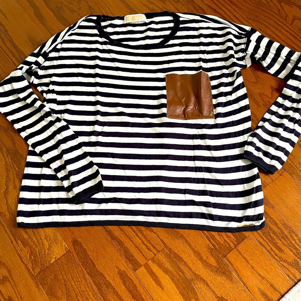 Michael Kors Stripe Sweater with Leather Pocket